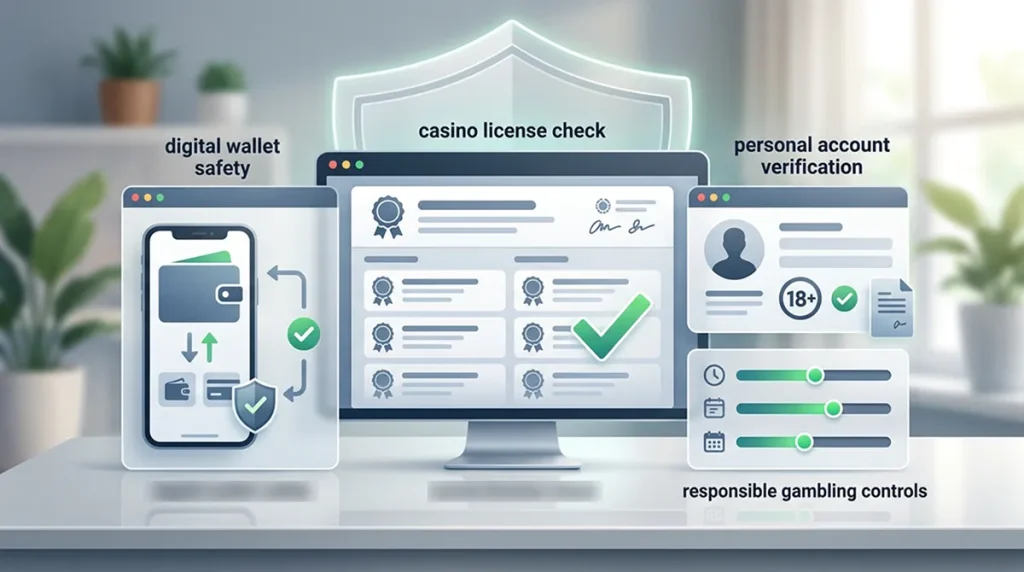 Safety checklist linking Skrill wallet, UKGC register, age verification and responsible gambling controls