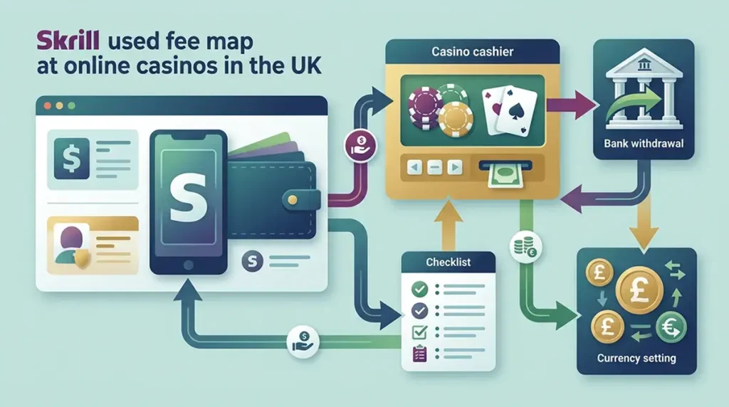 Fee map showing Skrill wallet funding, merchant payment, currency conversion and withdrawal checkpoints