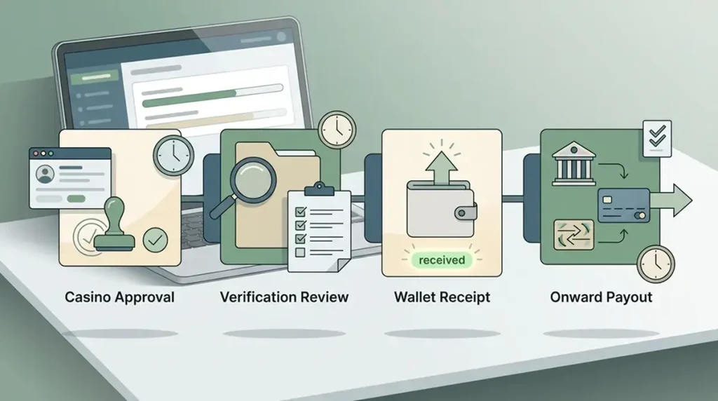 Withdrawal timeline showing casino approval, verification, Skrill wallet receipt and bank payout stages
