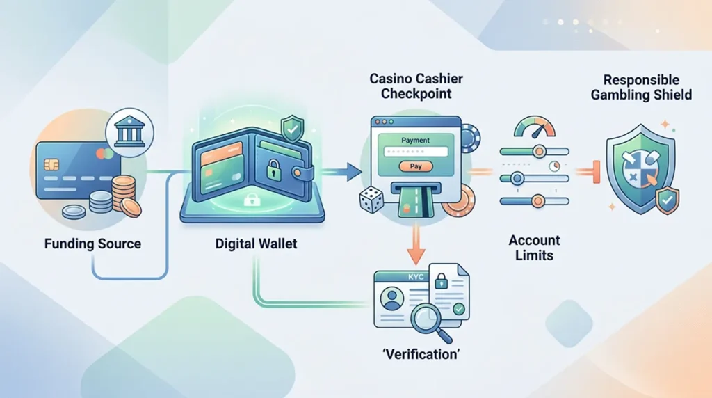 Troubleshooting flow for declined Skrill casino payments from funding source to gambling block