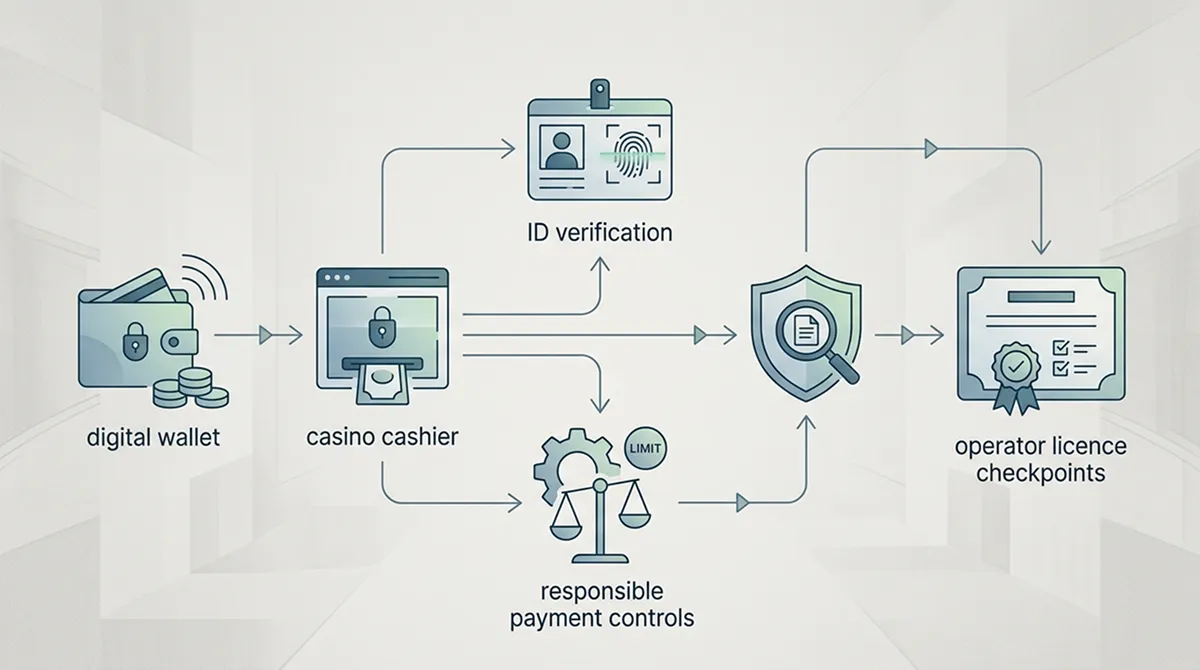 Flow illustration of wallet, casino cashier, licence and verification checkpoints
