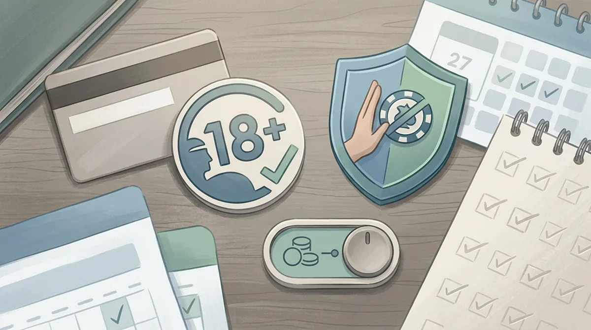 Responsible gambling illustration with wallet controls, 18 plus symbol and self-exclusion motifs