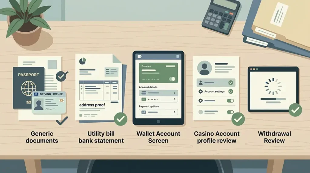 Verification checklist for Skrill wallet details, casino account identity, proof of address and withdrawal review